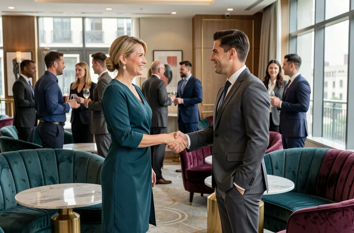 Consultante Six Degrés serrant la main d'un candidat lors d'un événement de networking professionnel à Nice