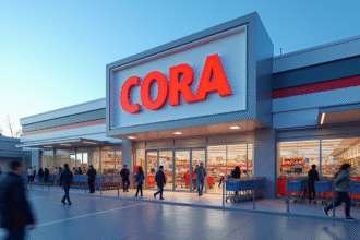 Supermarché Cora extérieur avec clients et caddies
