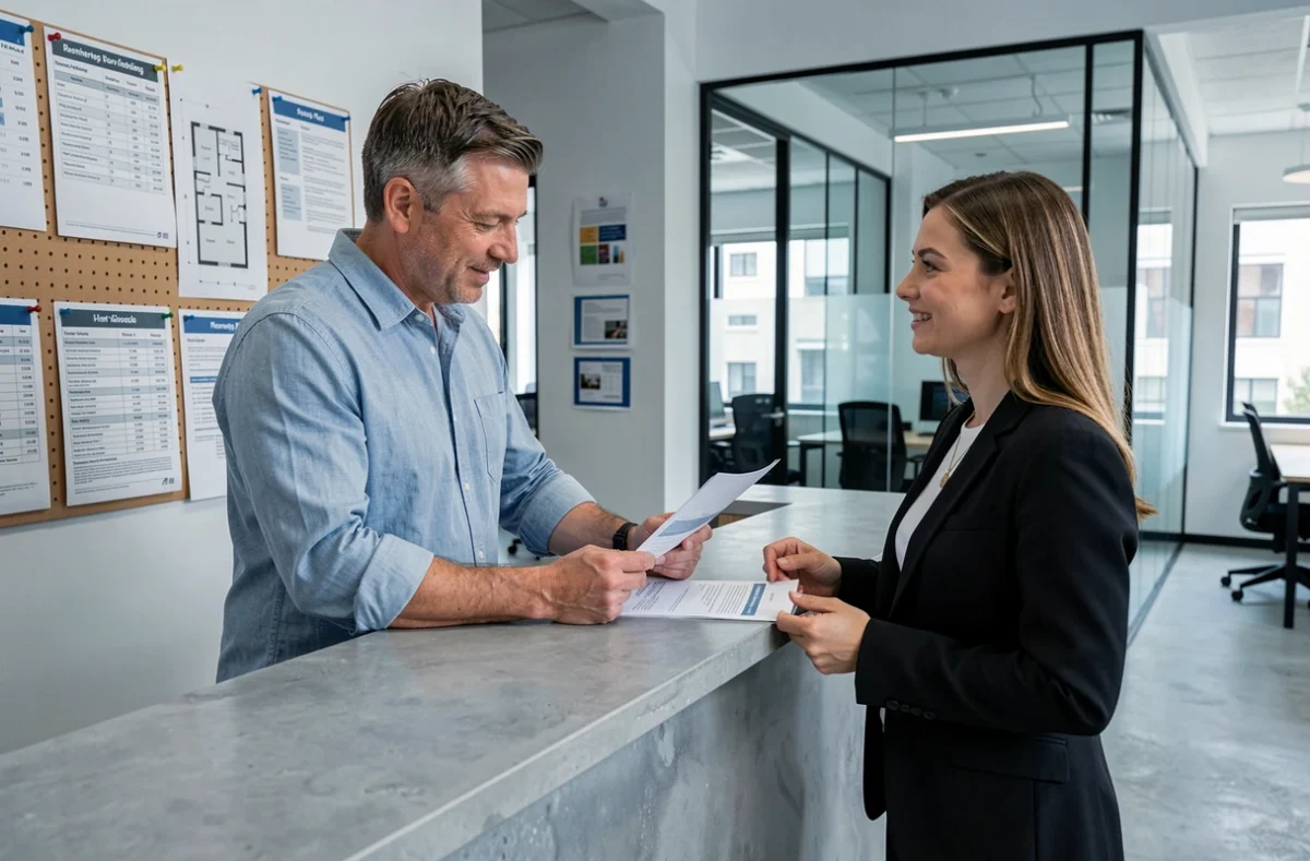 Homme discutant des tarifs de réservation de table avec un responsable d'espace de coworking