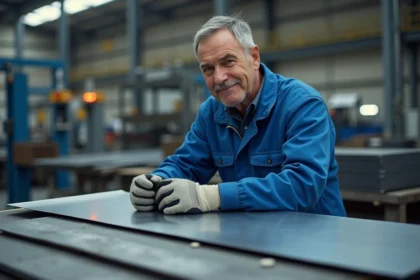 Technicien inspectant une pièce de métal dans une usine