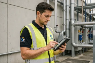 Technicien terrain utilisant l'application mobile Twimm sur tablette pour gérer la maintenance industrielle sur site