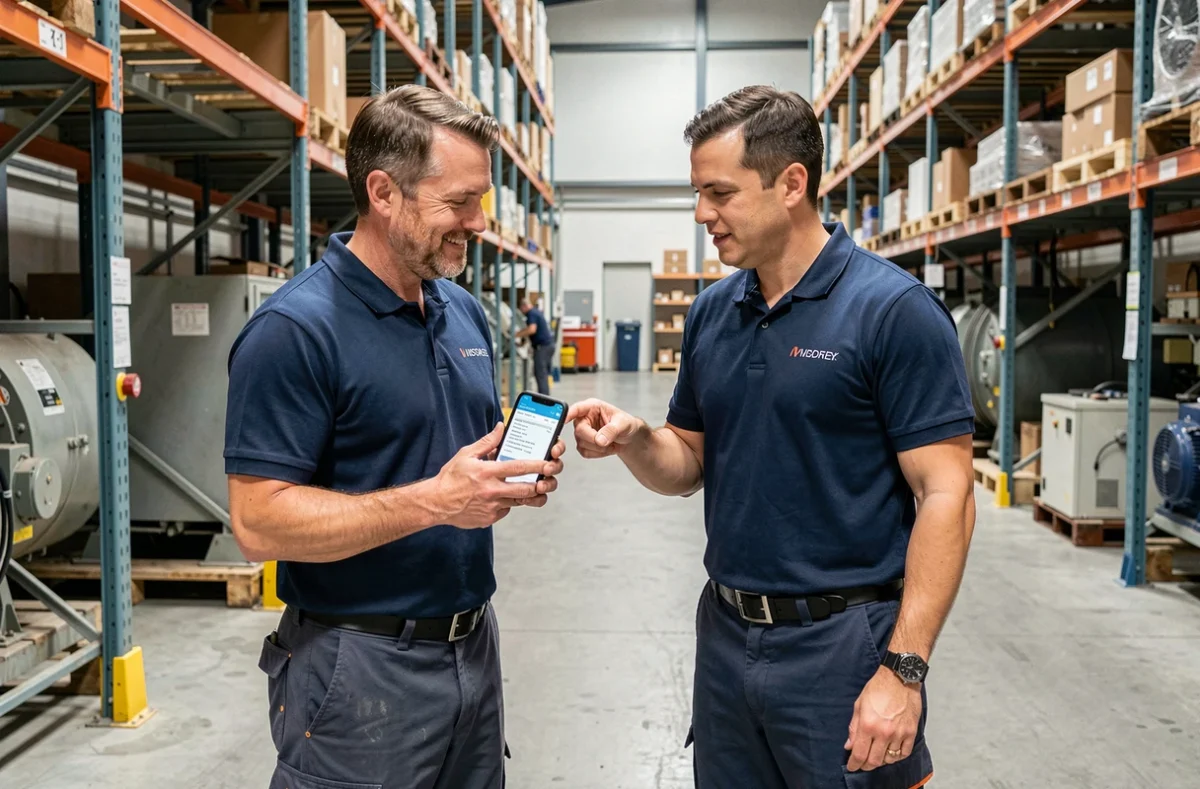 Deux techniciens de maintenance collaborant sur le terrain avec l'application mobile Twimm dans un entrepôt industriel