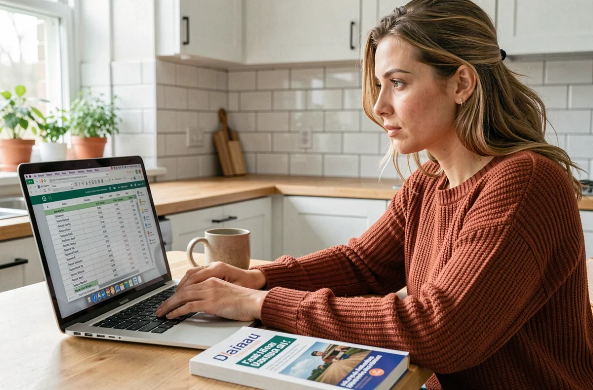 Femme en télétravail consultant un tableur de jours travaillés par an au régime 35 heures avec un guide du droit du travail ouvert