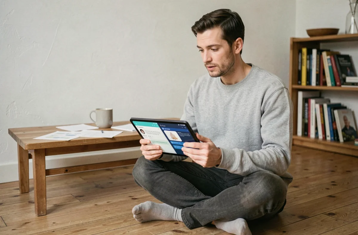 Homme testant des chatbots IA sur une tablette dans un espace de travail à domicile minimaliste
