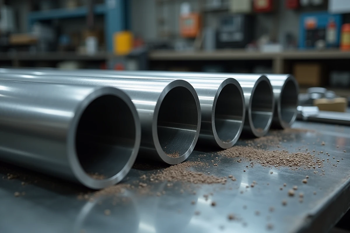 Extrémités de tubes inox découpés sur mesure posés sur un établi de atelier de découpe métallique