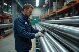 Ouvrier industriel inspectant des tubes inox de différents diamètres sur un rack de stockage en entrepôt