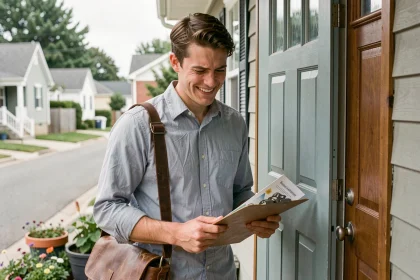 Jeune vendeur porte-à-porte débutant avec une posture nerveuse devant une porte d'entrée résidentielle, tenant un clipboard avec des brochures