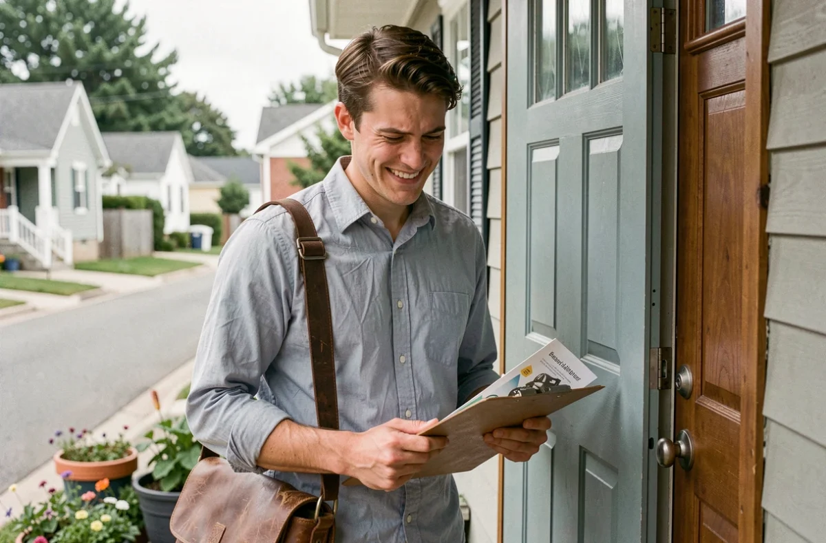 Jeune vendeur porte-à-porte débutant avec une posture nerveuse devant une porte d'entrée résidentielle, tenant un clipboard avec des brochures