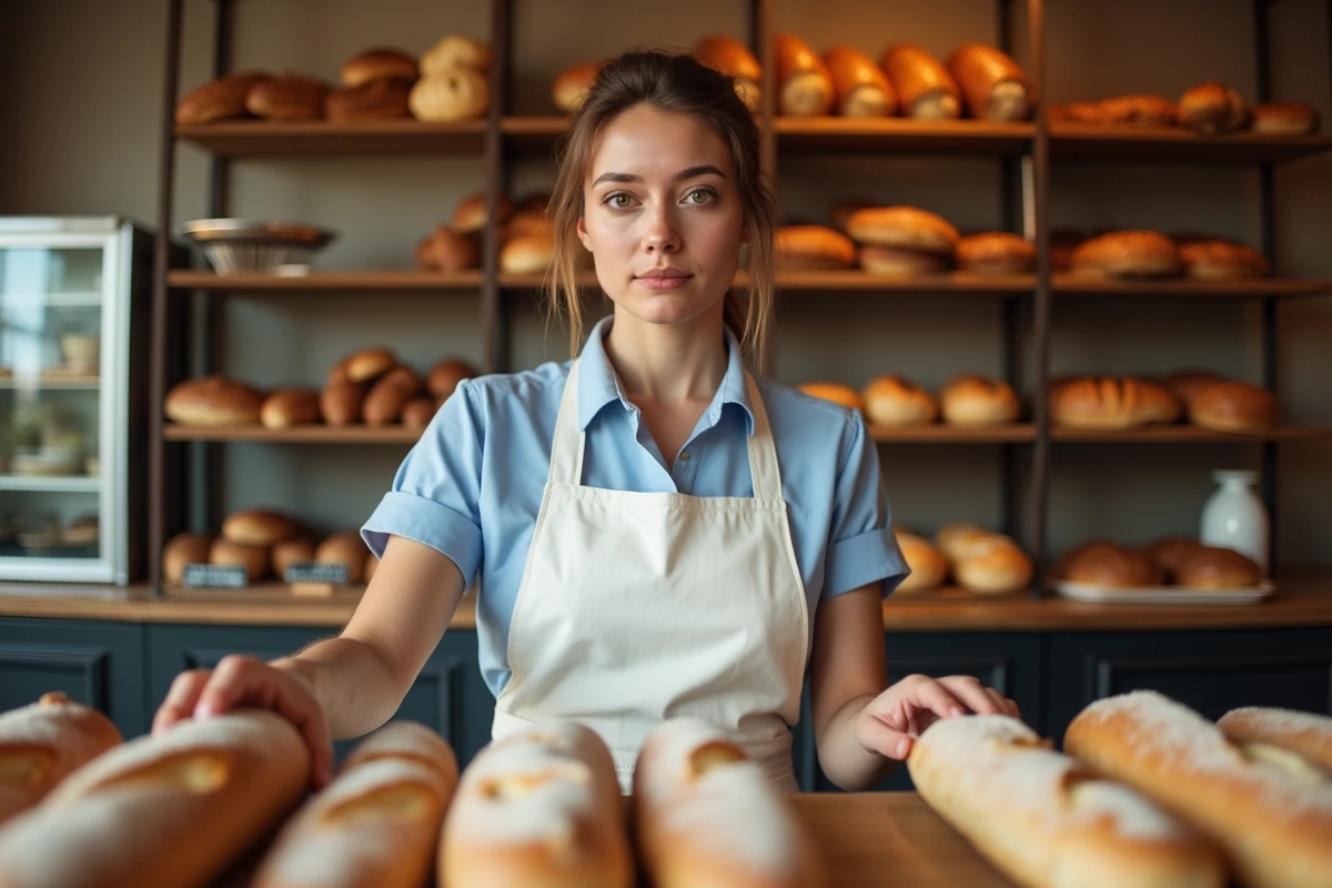 Vendeuse en boulangerie arrangeant des baguettes fraîches derrière le comptoir d'une boulangerie artisanale française