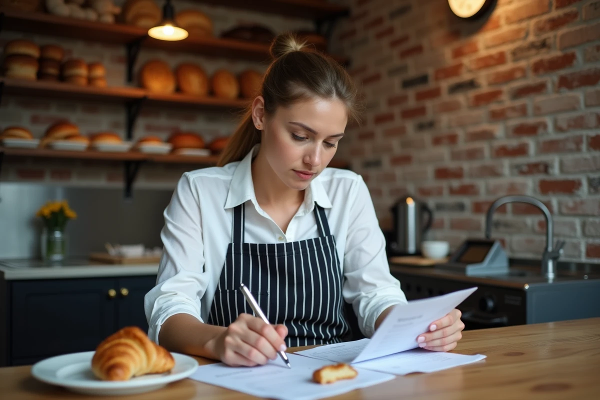 Vendeuse en boulangerie consultant sa fiche de paie et son planning de travail dans la salle de pause
