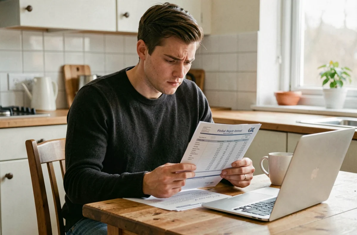 Jeune homme consultant son solde de tout compte et ses documents de fin de contrat à domicile